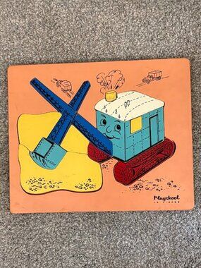 Rare Vintage Playskool Wooden Jigsaw Puzzle Steam Shovel, 15 Pieces